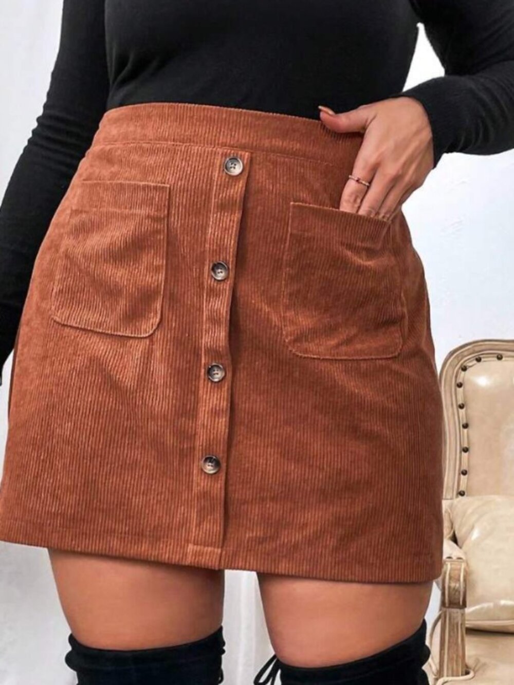 SHEIN Button-Front Corduroy Mini Skirt in Rust